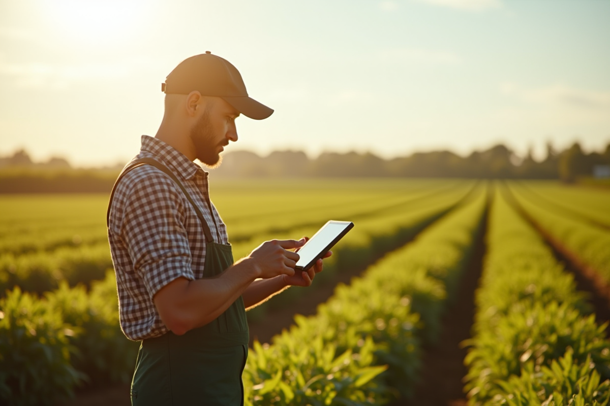 Agriculteur moderne vérifiant une tablette dans un champ ensoleille
