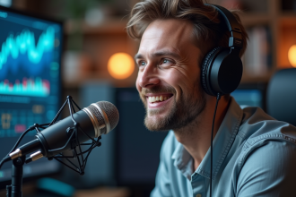Animateur de podcast souriant dans un studio moderne