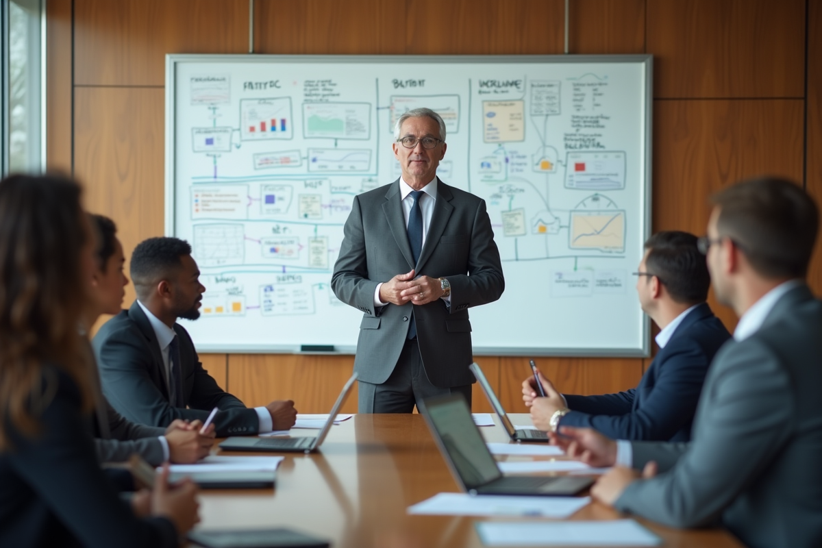Auditeur homme en costume expliquant devant tableau blanc