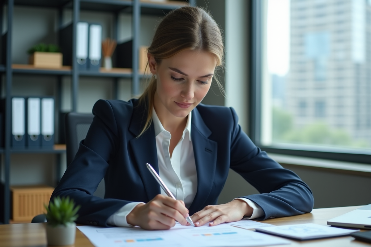 Auditrice femme en costume navy dans un bureau moderne