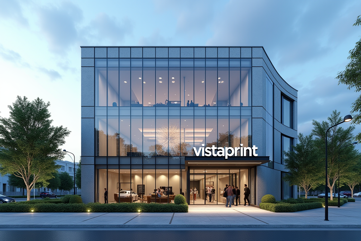 Bâtiment moderne avec façade vitrée et logo Vistaprint