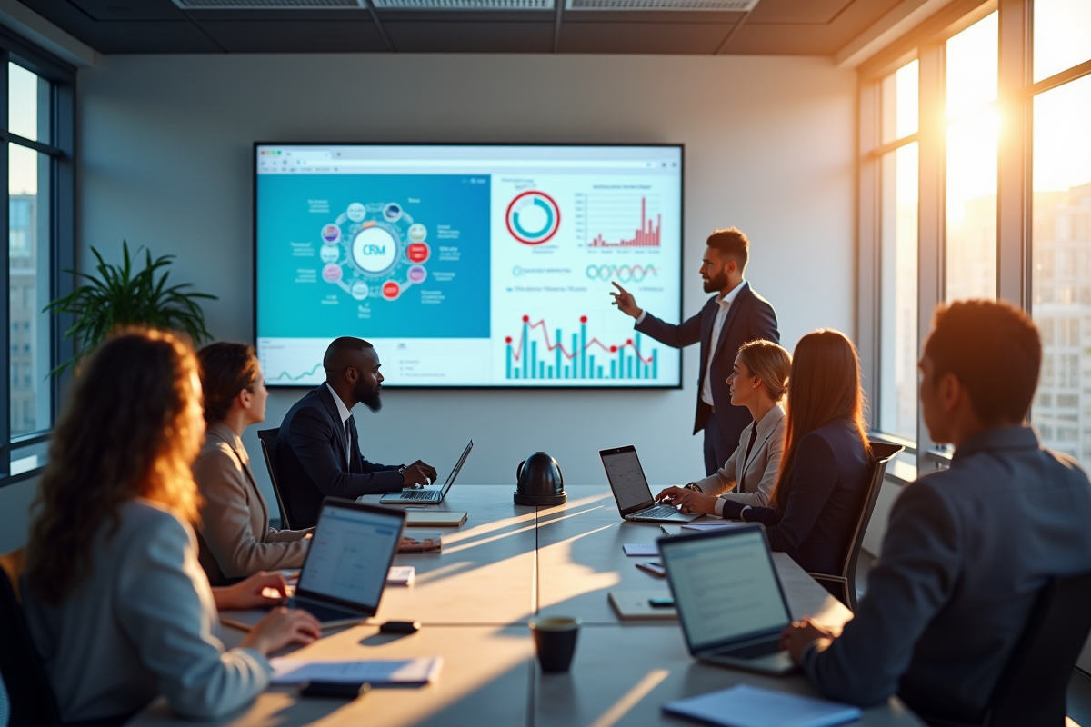 Espace de travail moderne avec équipe discutant CRM