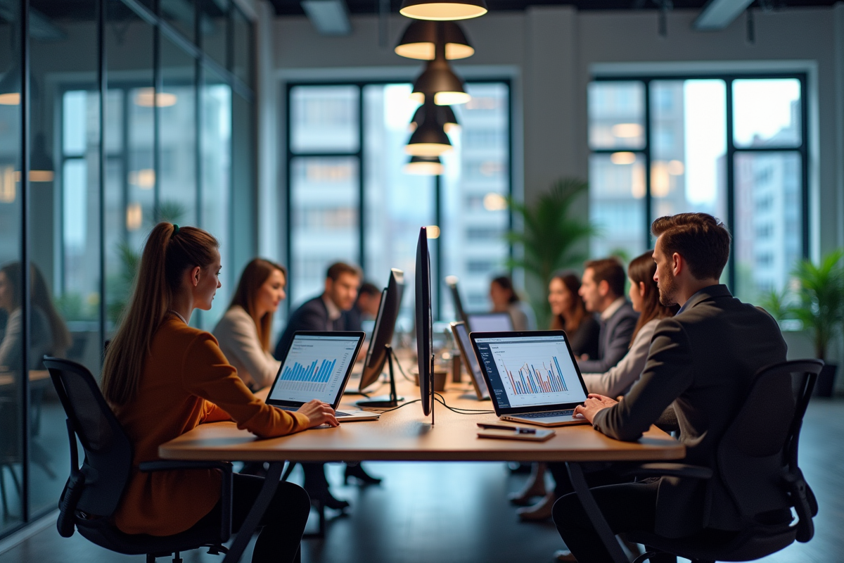Bureau moderne avec équipe collaborative et écrans