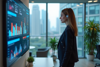 Femme d'affaires analysant un tableau de bord digital dans un bureau moderne