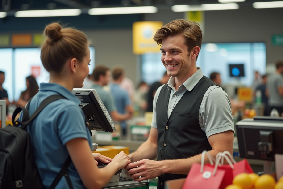 Jeune caissier scannant des articles au supermarché