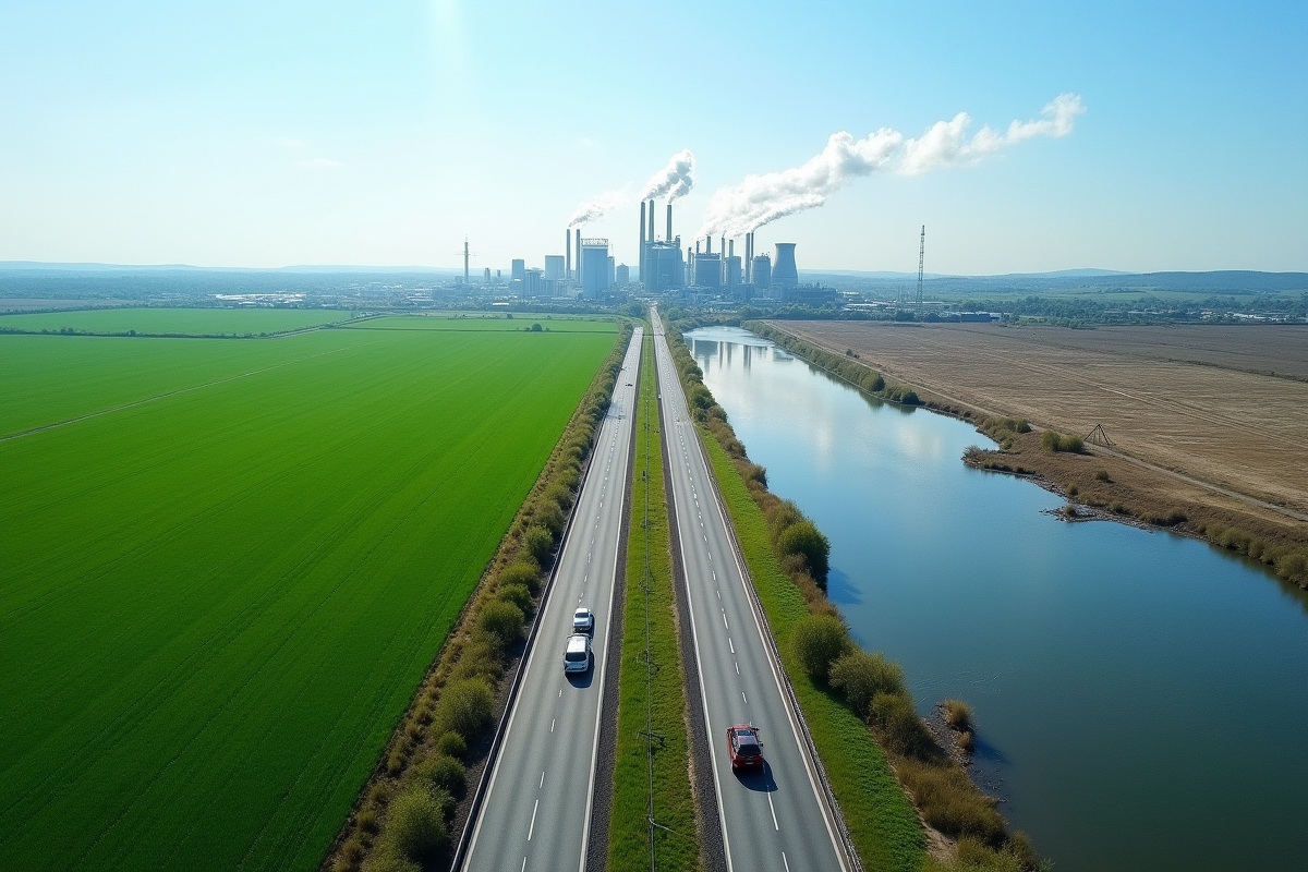 Paysage rural contrastant nature verte et pollution industrielle