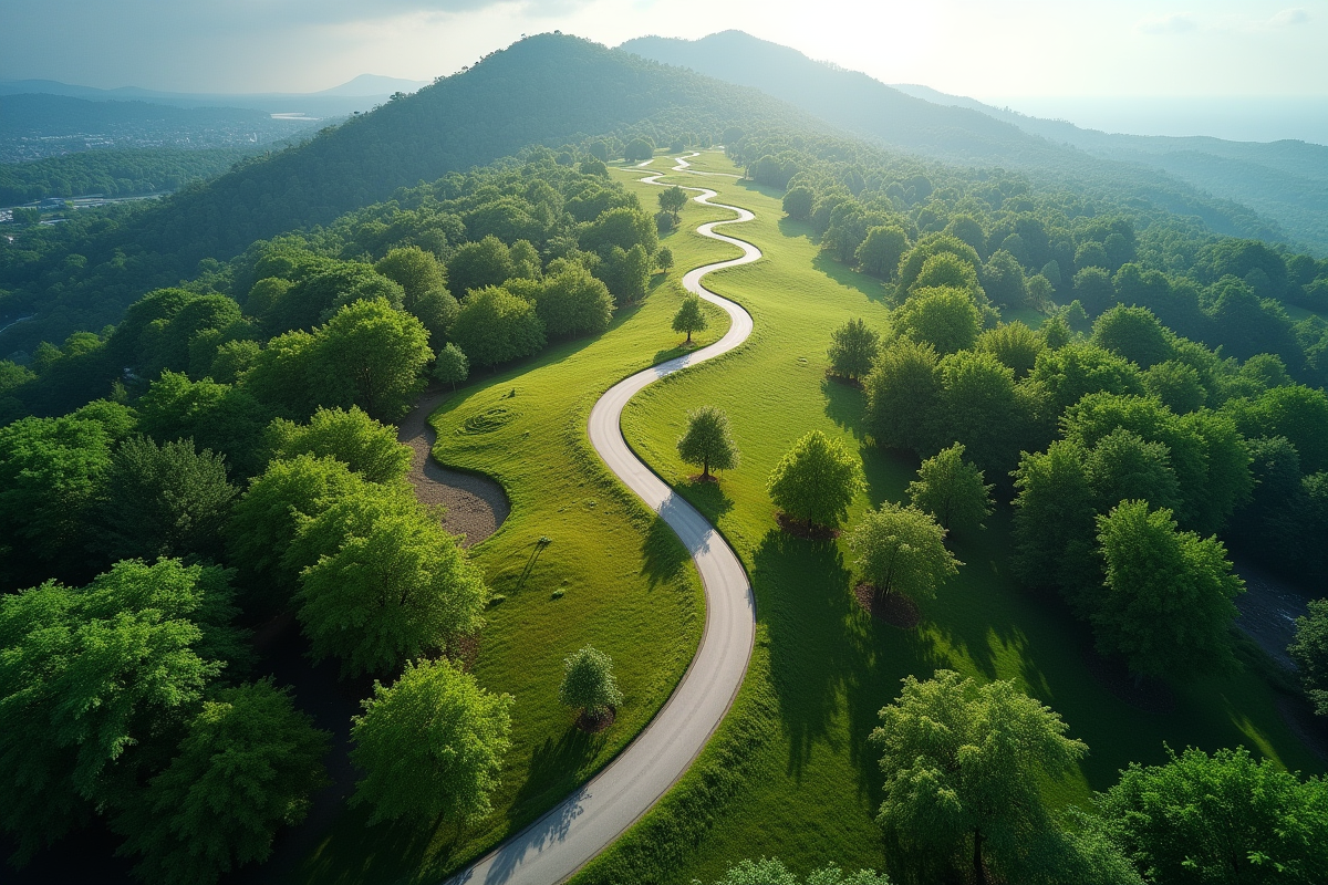 Sentier sinueux traversant forêt montagne champ parc urbain et plage vu du ciel