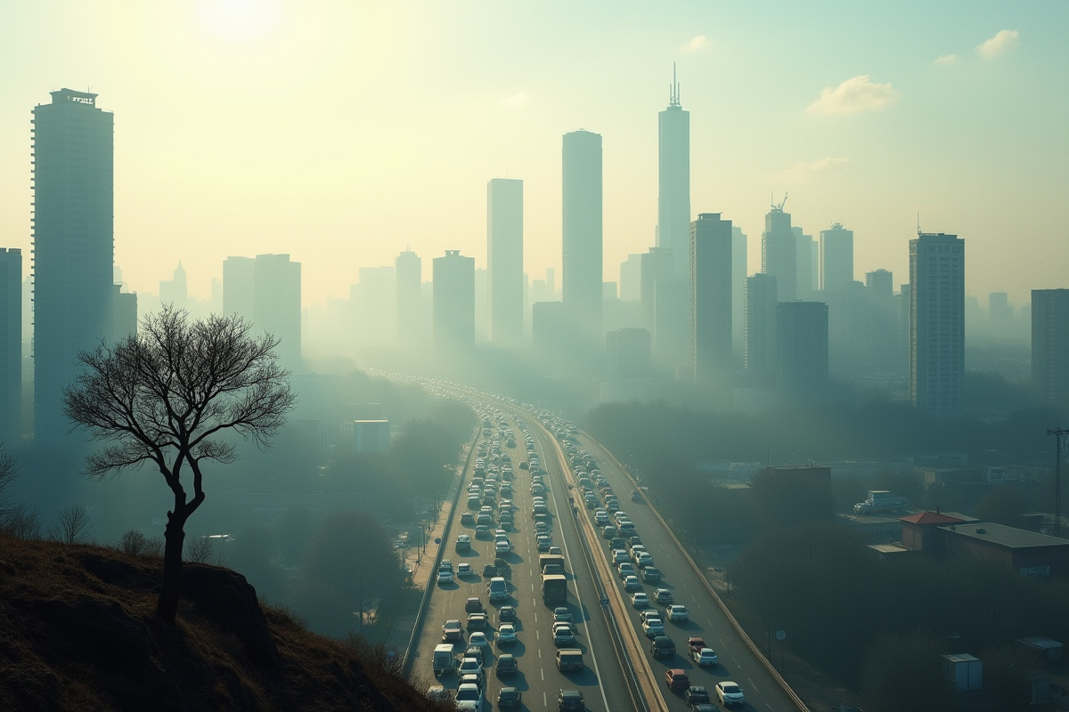 Silhouette urbaine polluée avec arbre mourant en premier plan