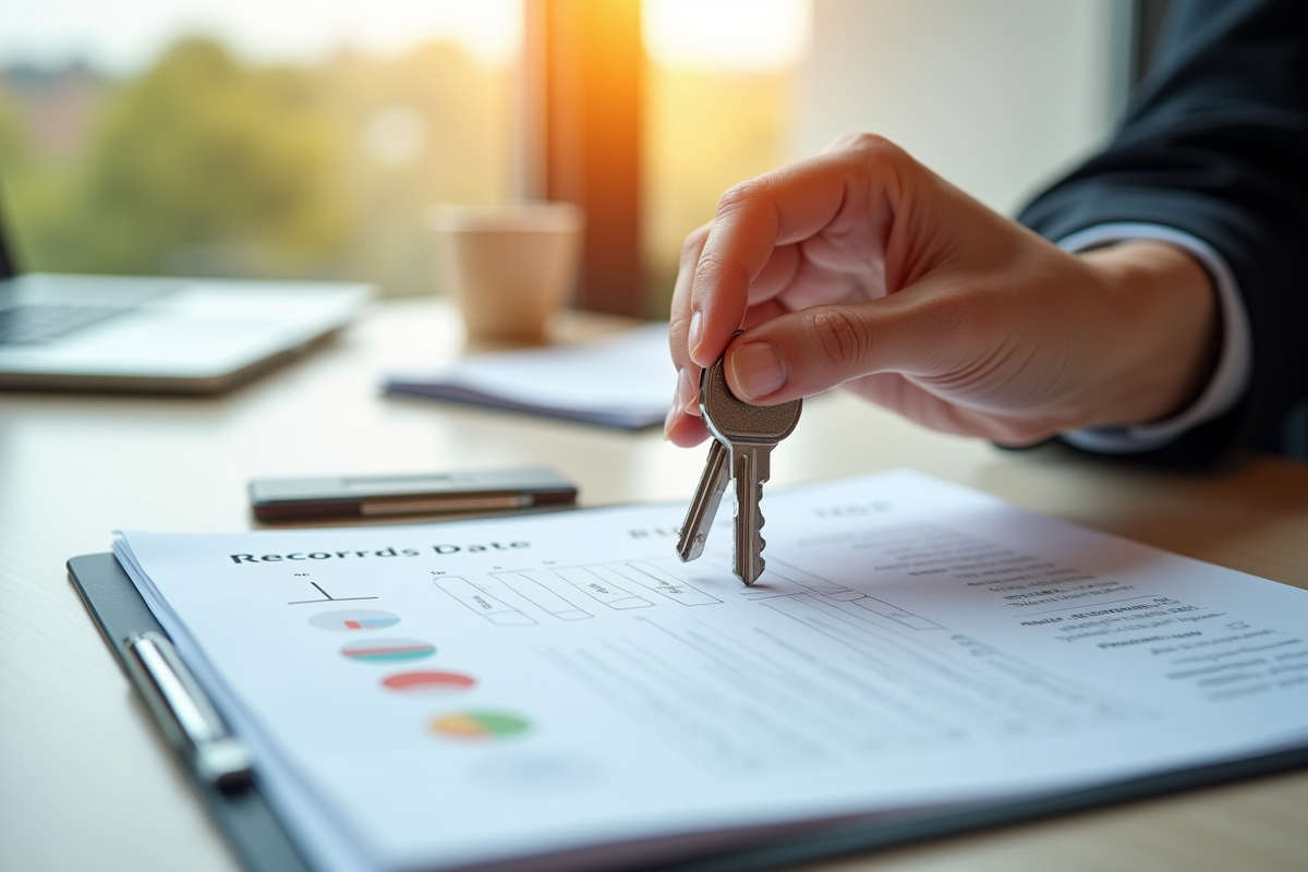 Main tenant des clés de maison sur des documents officiels