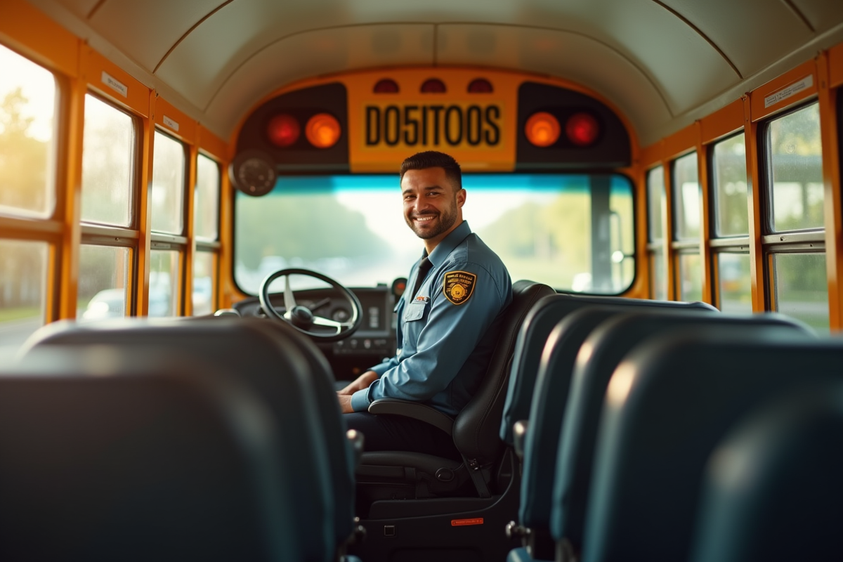 Conducteur d'autobus scolaire souriant au volant d'un bus jaune moderne