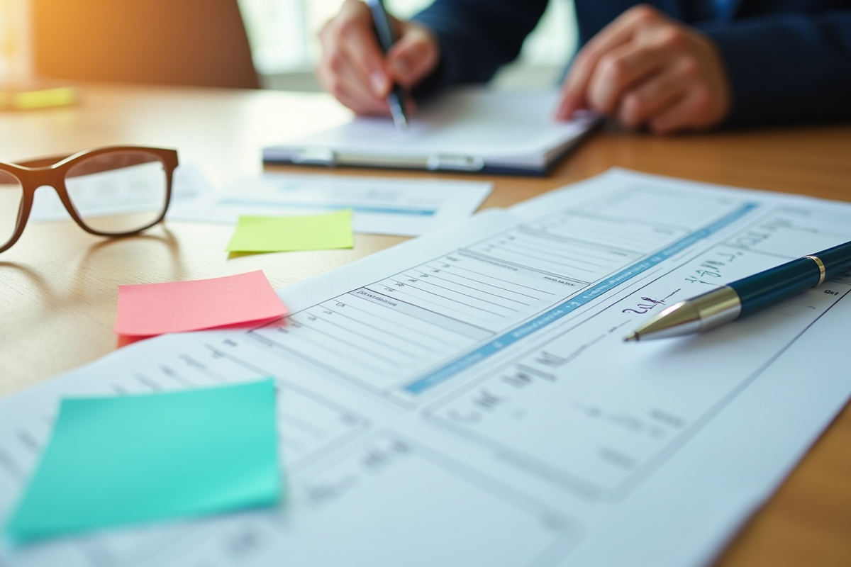 Documents financiers organisés avec stylo et notes colorées