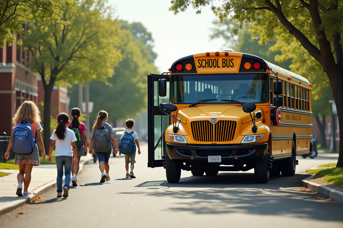 Bus scolaire garé devant une école avec enfants et conducteur