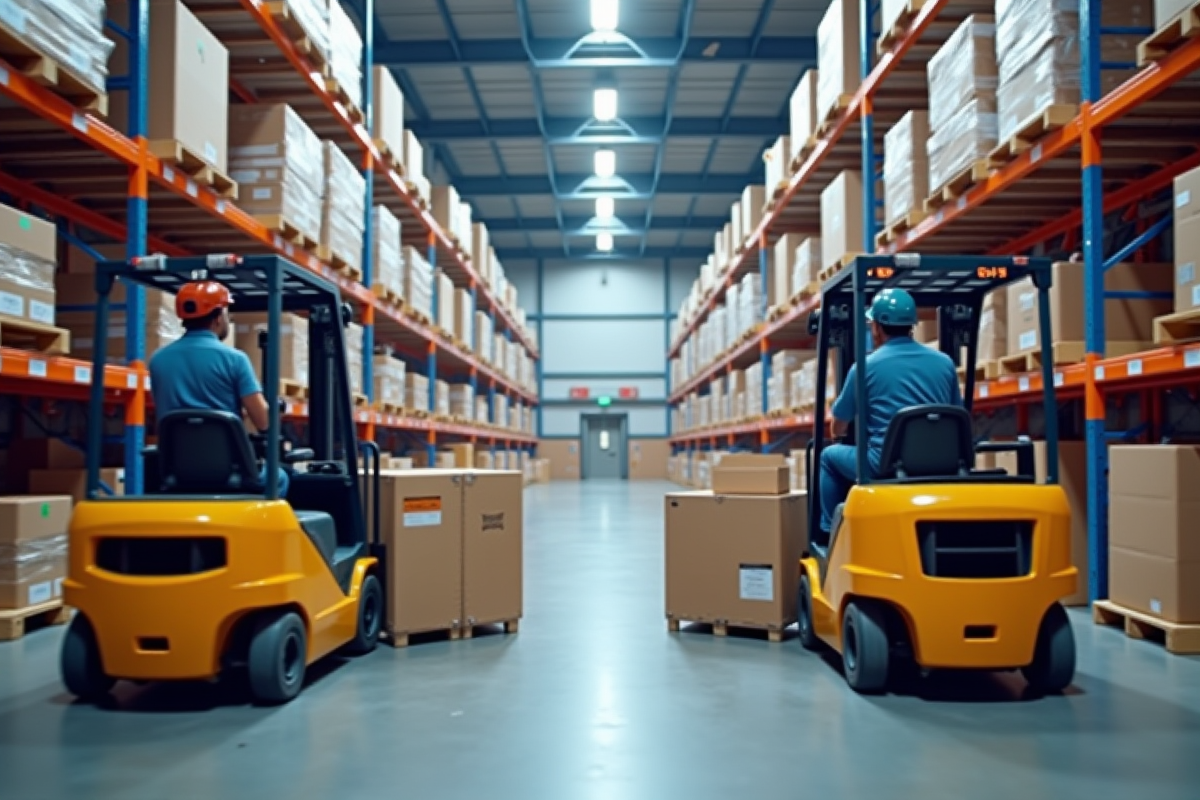 Intérieur d'un entrepôt moderne avec des travailleurs utilisant des chariots élévateurs