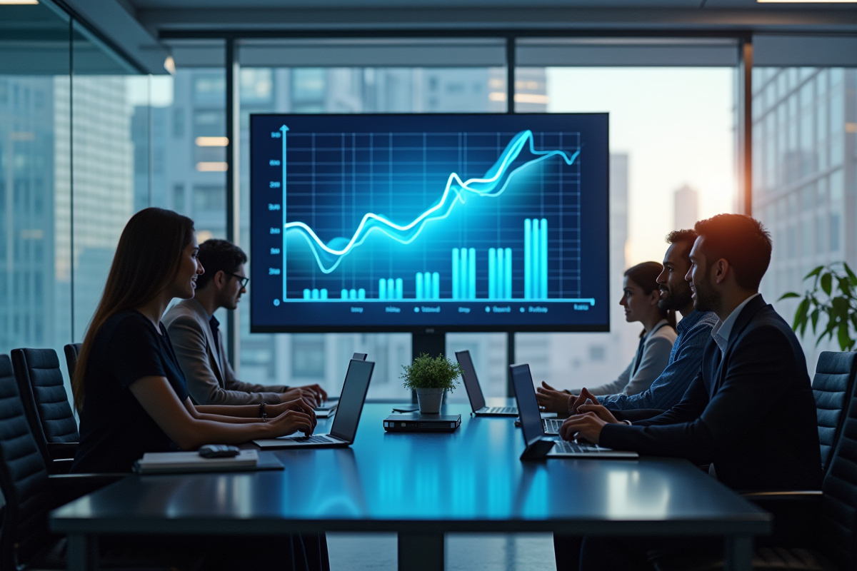Équipe de professionnels en réunion avec graphiques de croissance