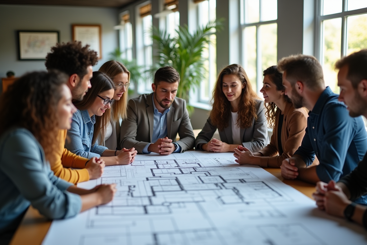 Groupe diversifié étudiant un plan architectural en équipe