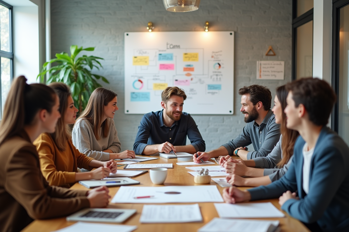Equipe créative en brainstorming dans un espace de coworking lumineux
