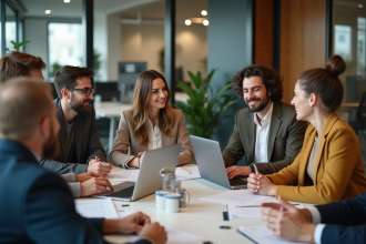Groupe diversifié en réunion de travail en entreprise