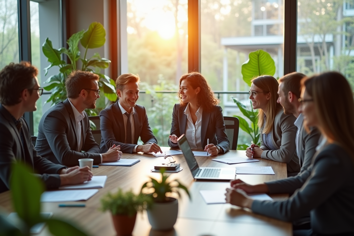 Groupe de professionnels en réunion sur des initiatives durables en entreprise