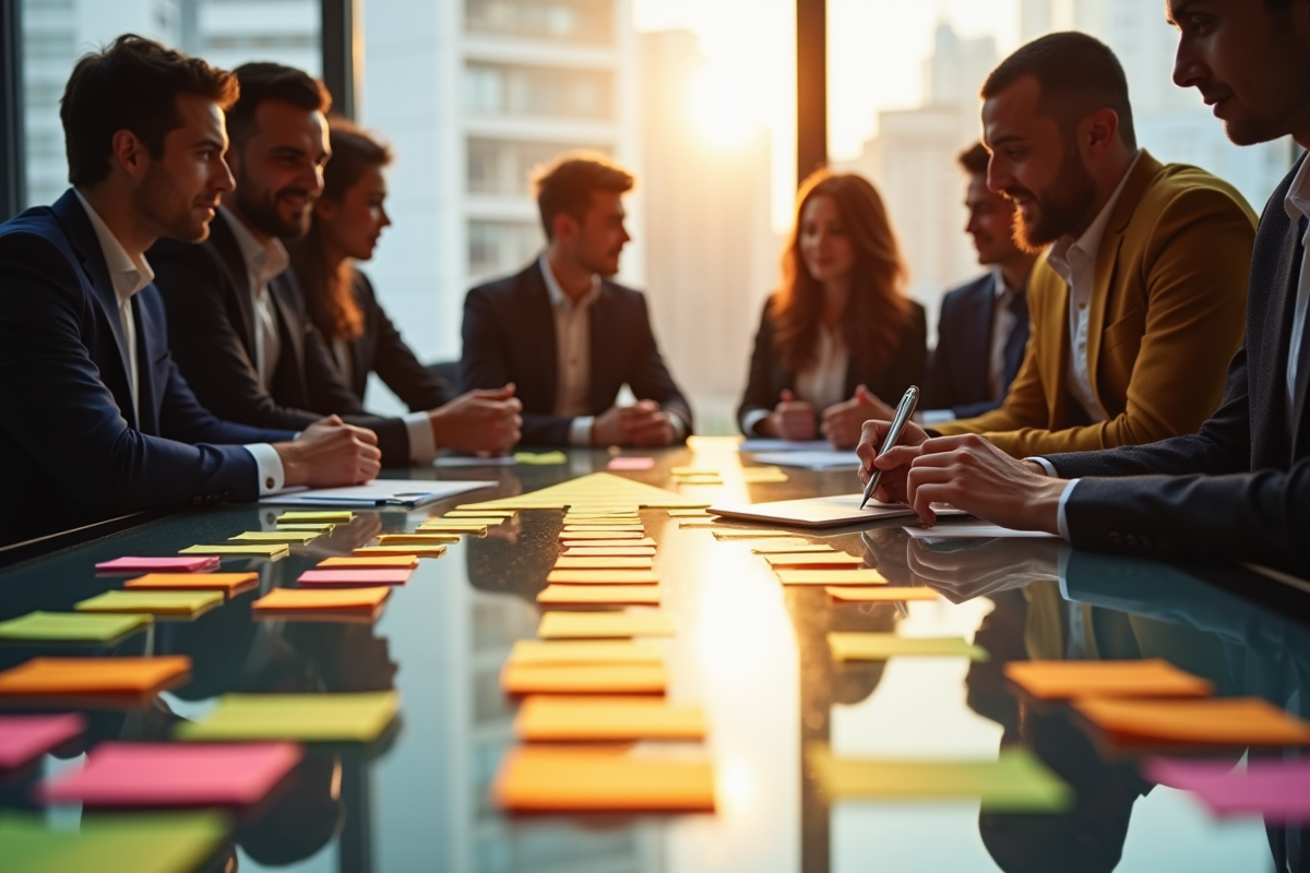 Groupe diversifié collaborant autour d'une table avec des notes colorées en forme de flèche de progression