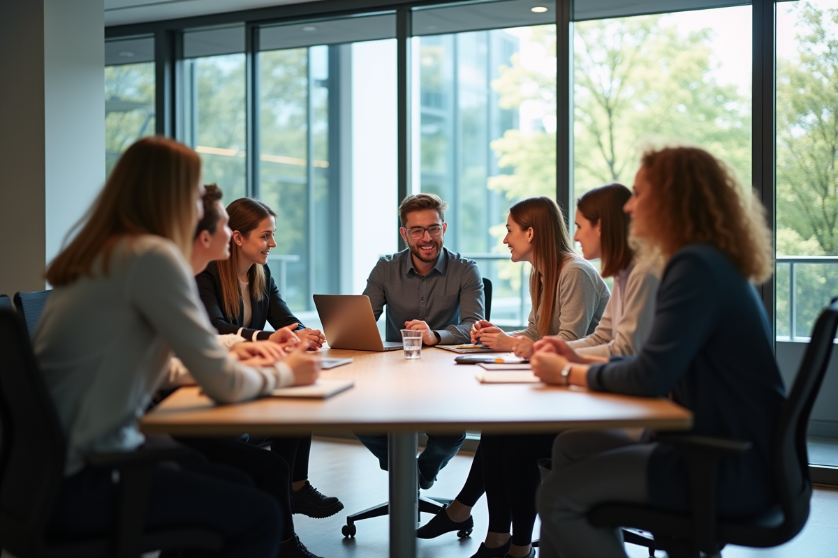 Groupe de collègues discutant dans un bureau moderne