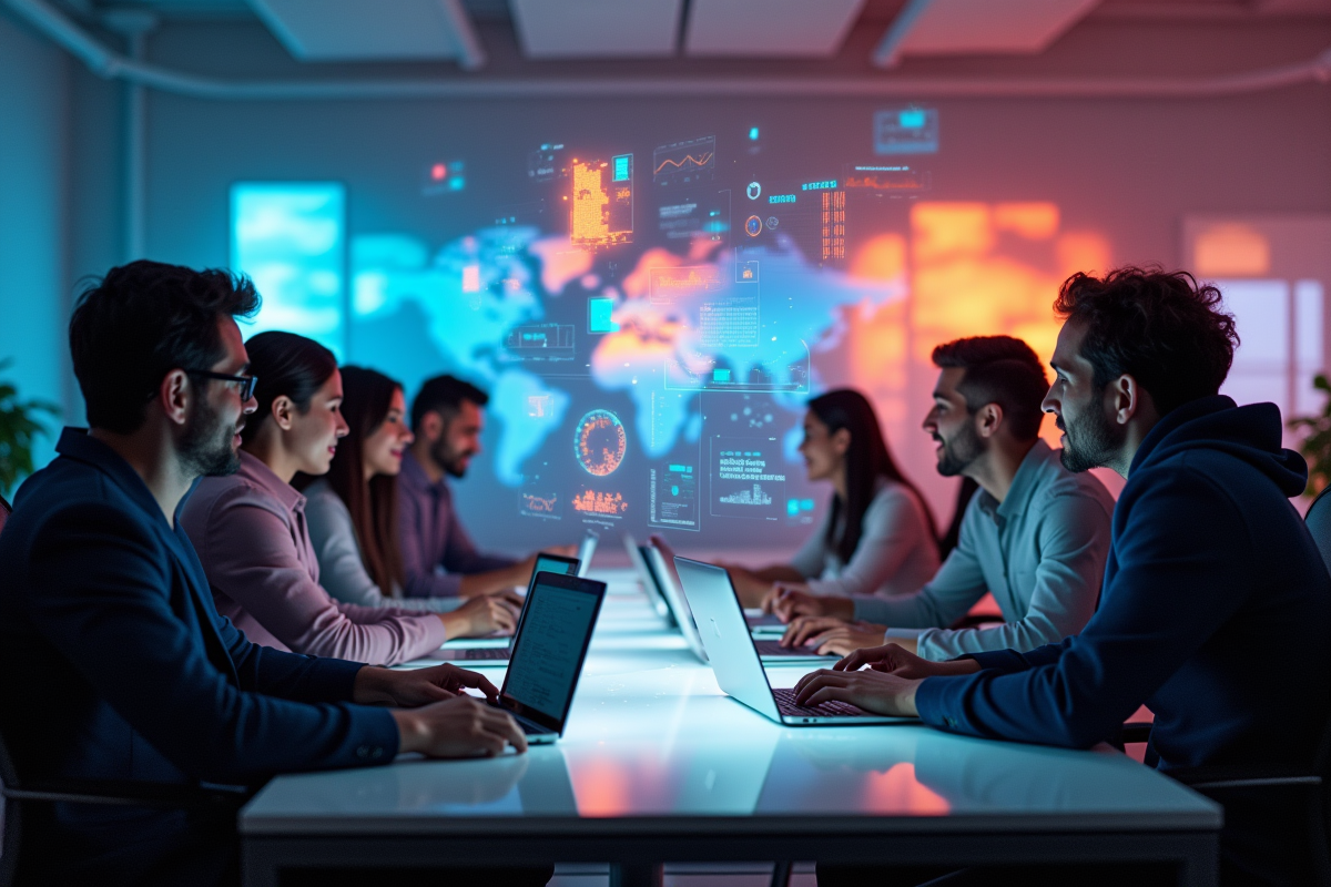 Groupe de professionnels collaborant avec visualisations numériques