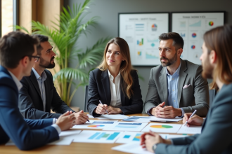 Groupe de professionnels en réunion autour de graphiques
