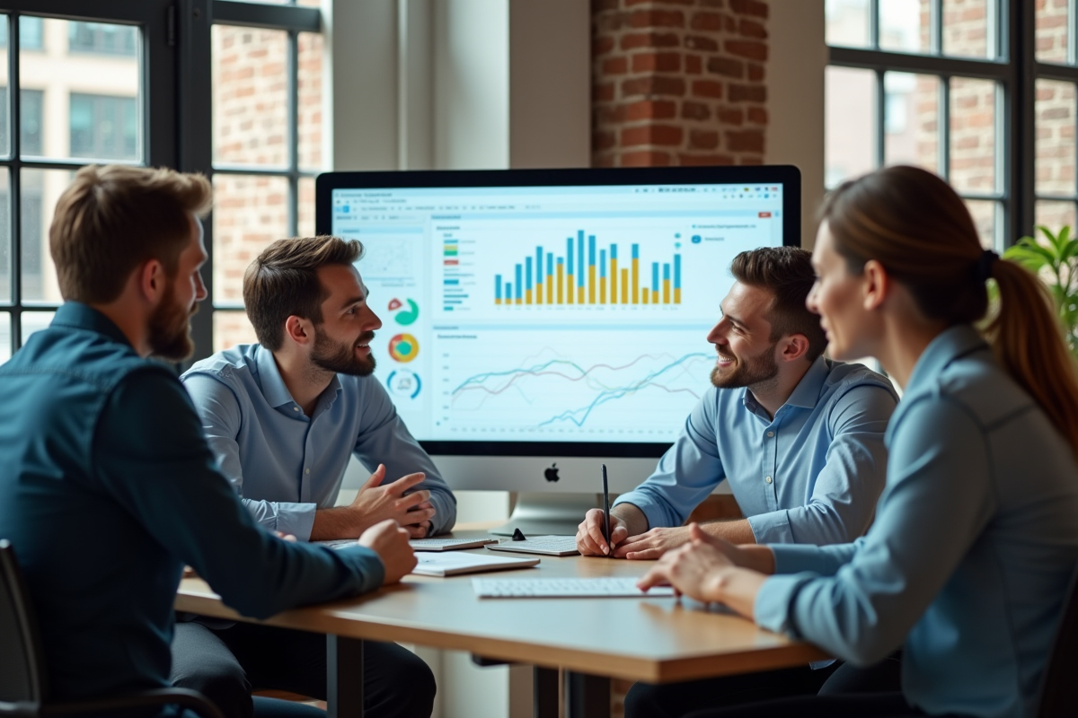 Groupe de professionnels discutant autour d un écran SEO