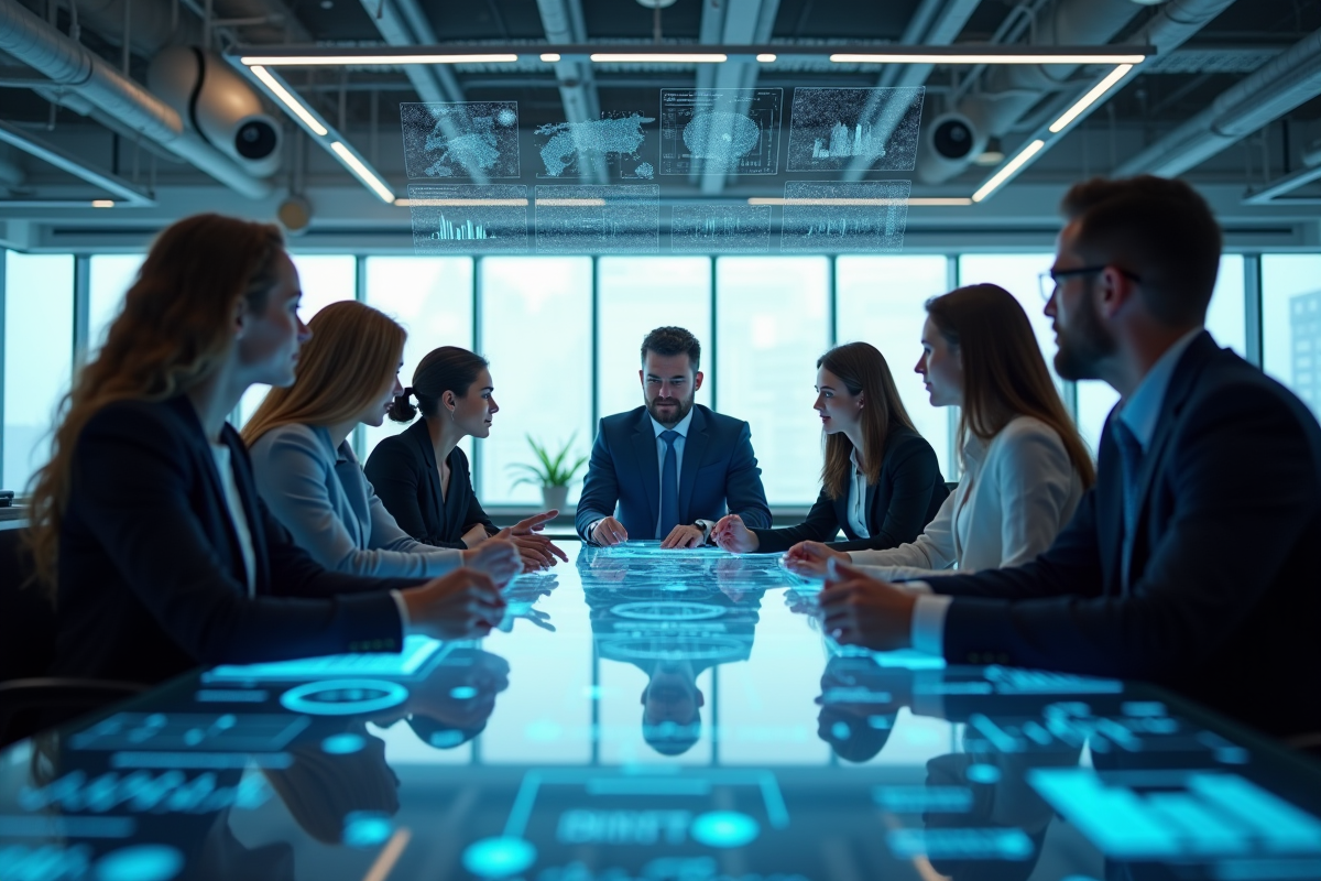Groupe de professionnels autour d une interface digitale futuriste