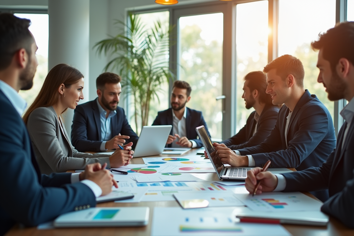 Groupe de professionnels analysant des graphiques marketing