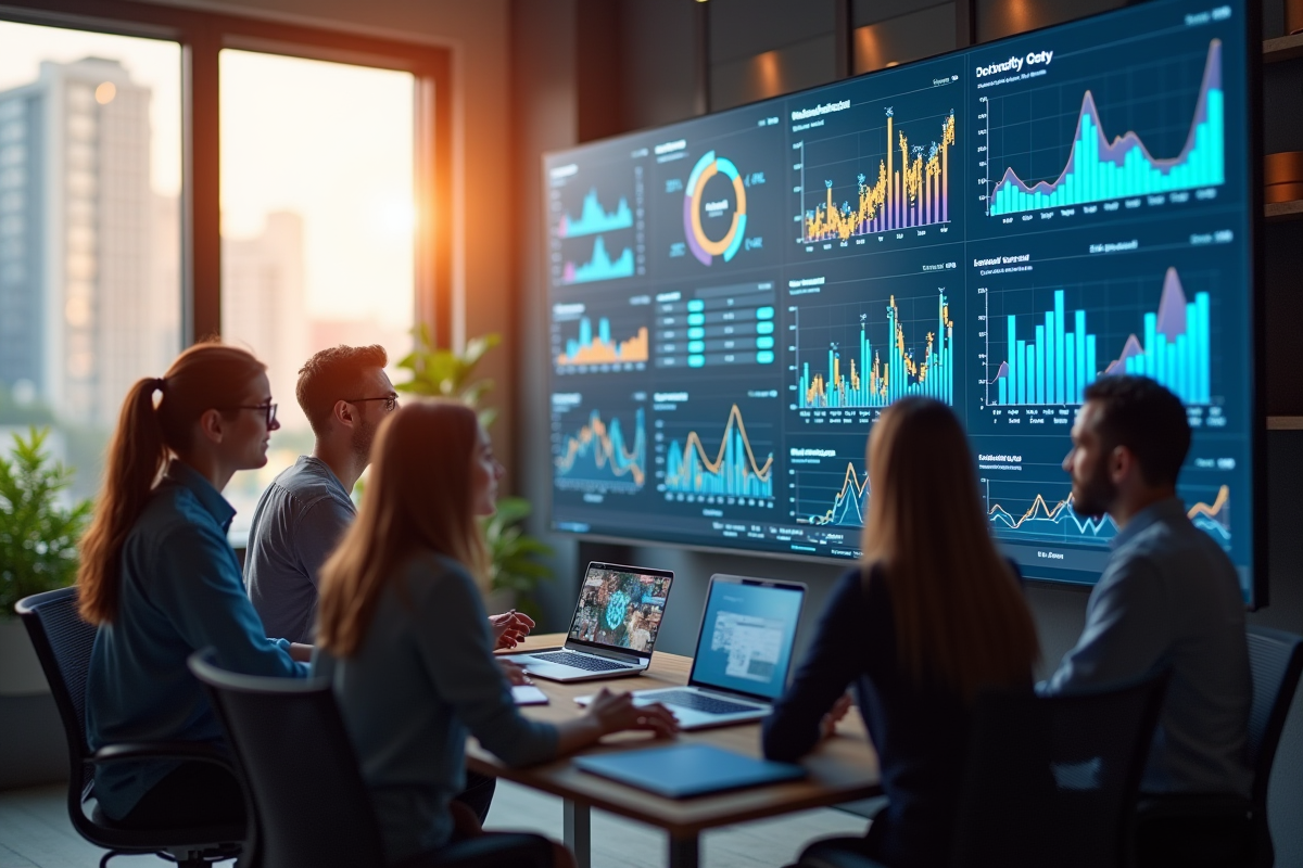 Equipe marketing moderne analysant des KPI sur un grand écran lumineux