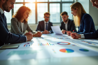 Equipe de professionnels discutant de graphiques et infographies