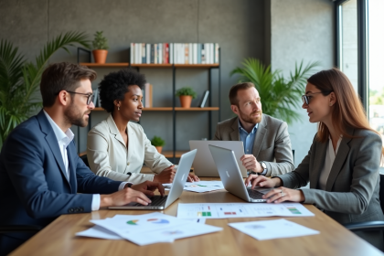Groupe de professionnels en réunion dans un bureau moderne