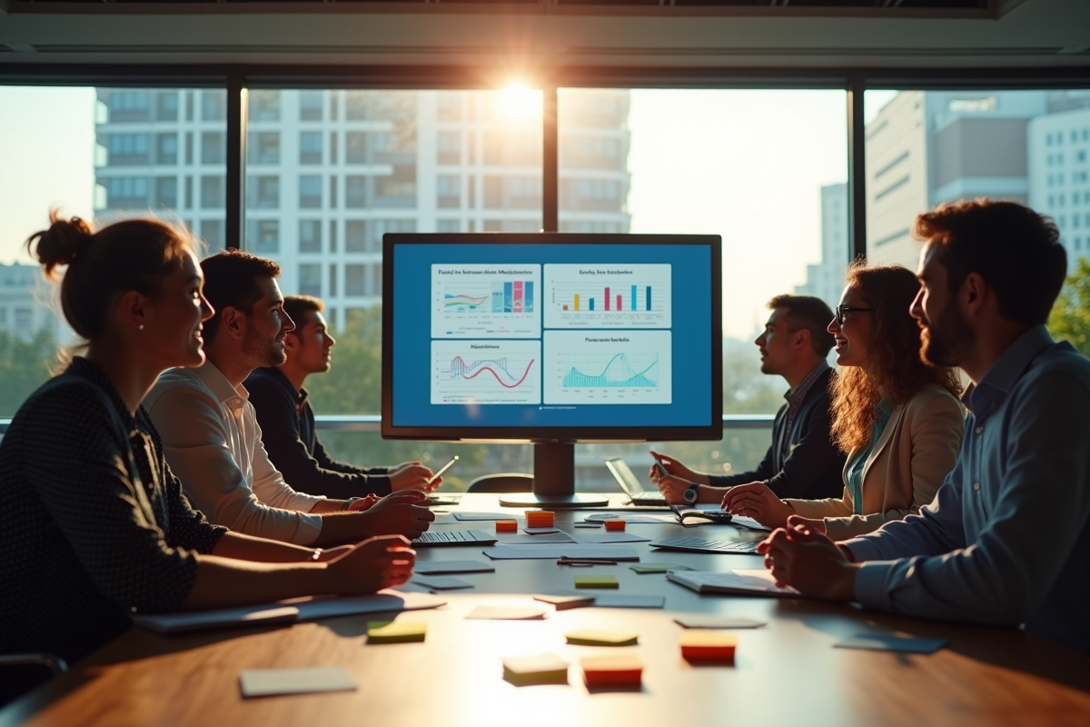 Equipe créative discutant stratégie CPM dans un bureau lumineux