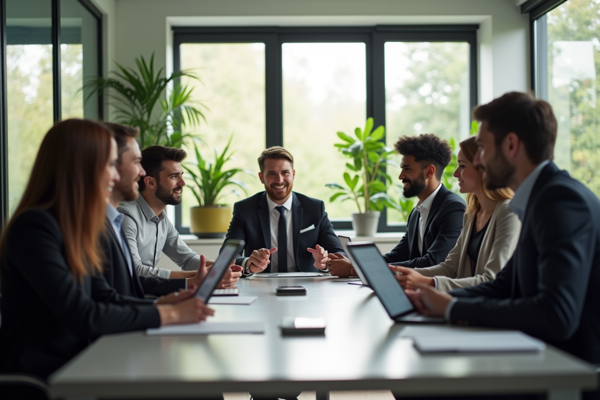 Groupe de professionnels en réunion dans un bureau lumineux