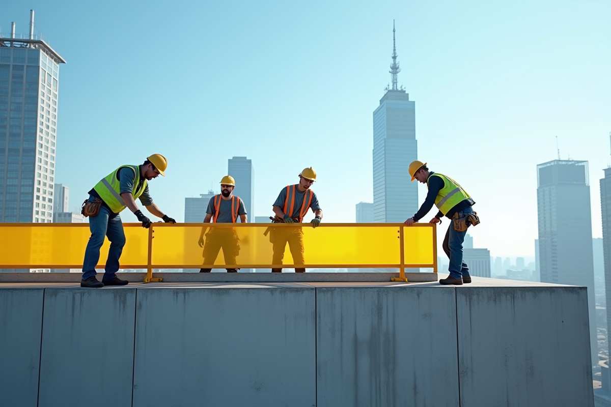 Équipe de travailleurs installant une barrière de sécurité jaune en hauteur
