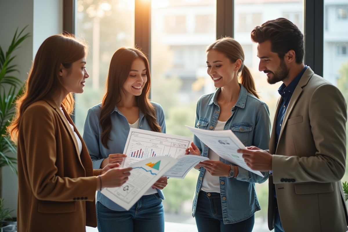 Professionnels collaborant dans un bureau lumineux avec éléments du produit