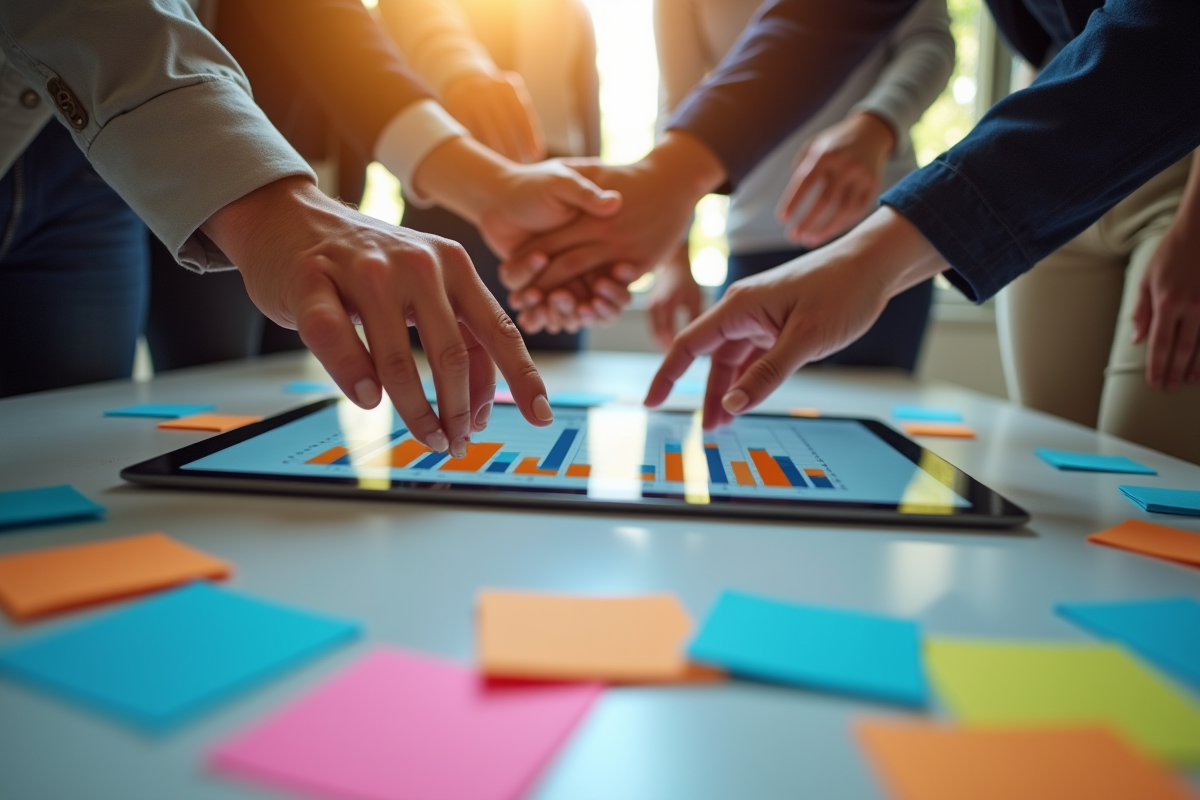 Espace de travail créatif avec notes colorées et tablettes en équipe