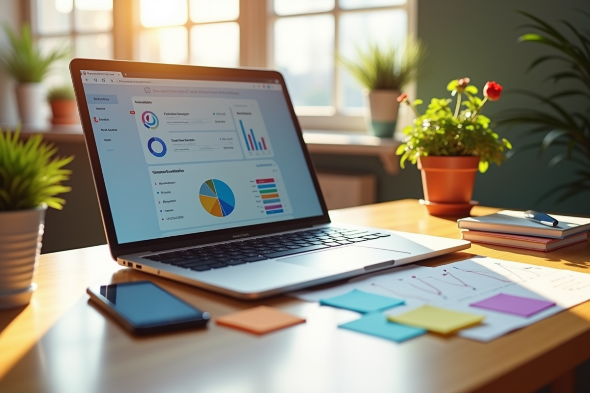 Espace de travail créatif avec ordinateur et smartphone pour réseaux sociaux