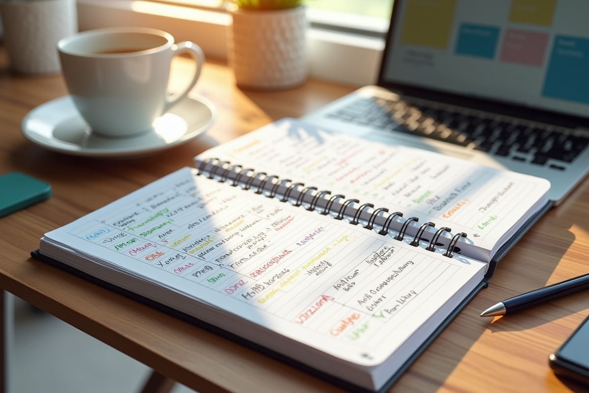 Espace de travail moderne avec agenda coloré et café
