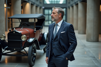 Homme d'affaires en costume regardant une voiture ancienne