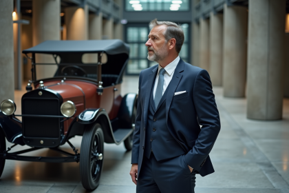 Homme d'affaires en costume regardant une voiture ancienne
