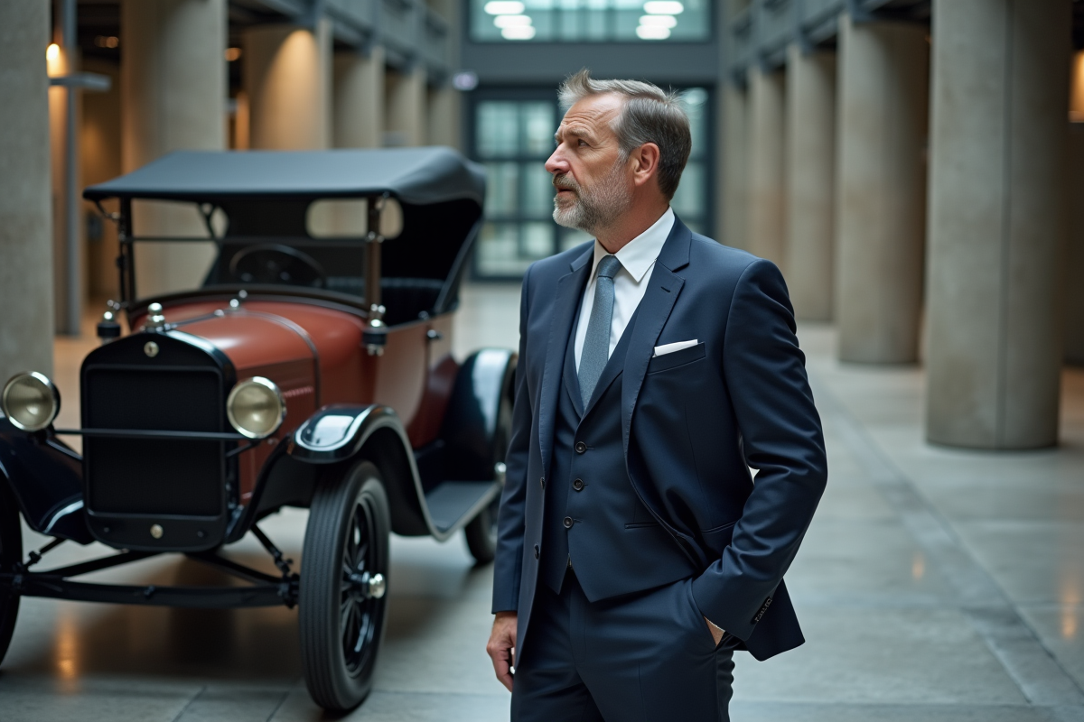 Homme d'affaires en costume regardant une voiture ancienne