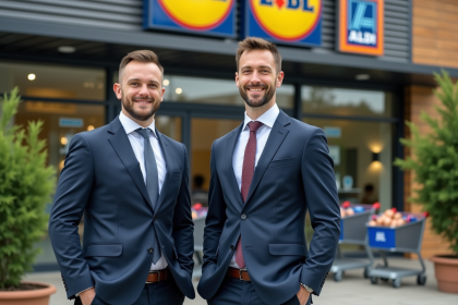 Deux cadres en costume devant un supermarché Lidl et Aldi