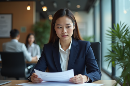 Femme d'affaires en costume navy dans un bureau moderne