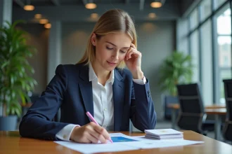 Jeune femme d'affaires examine des cartes de visite