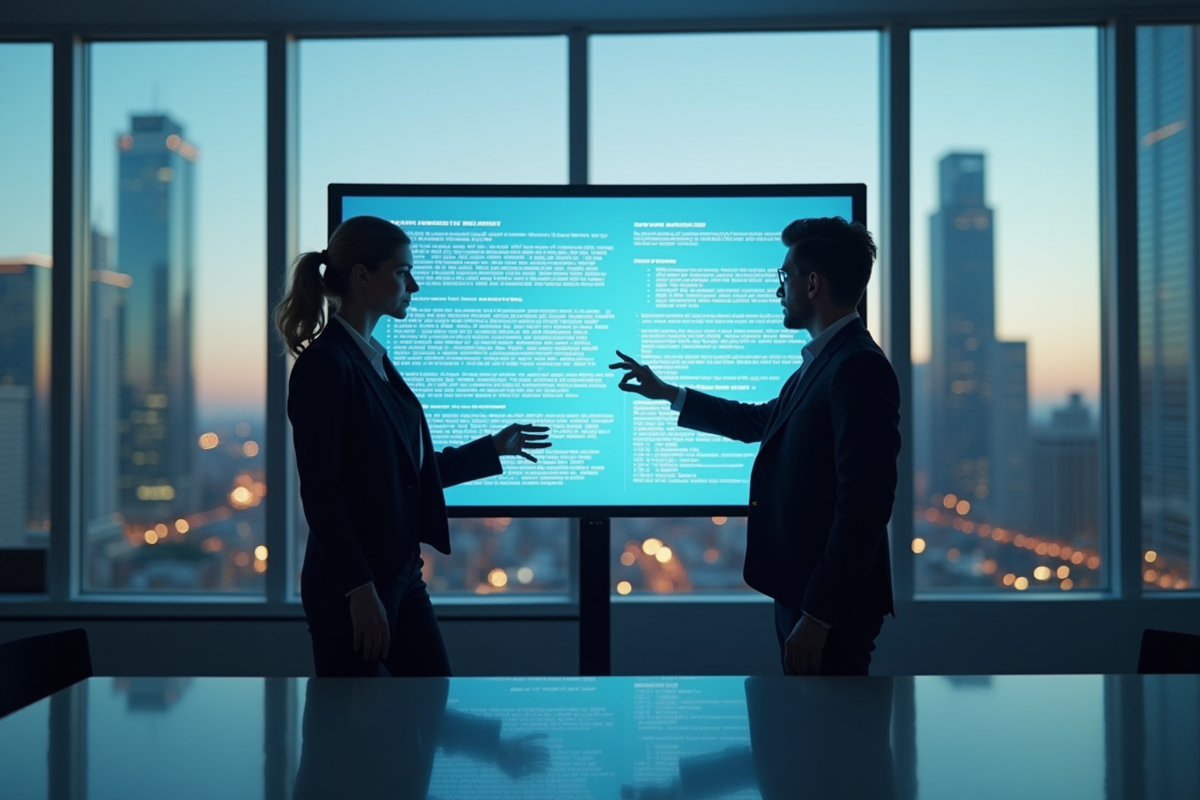Femme d'affaires et ingénieur en IA dans une salle lumineuse