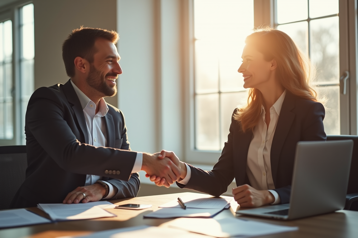 Femme d'affaires souriante serrant la main d'un homme en costume dans un bureau moderne