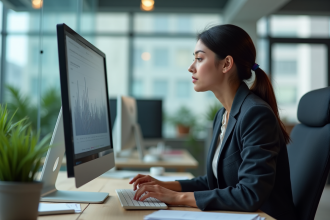 Jeune femme analysant des graphiques numériques au bureau