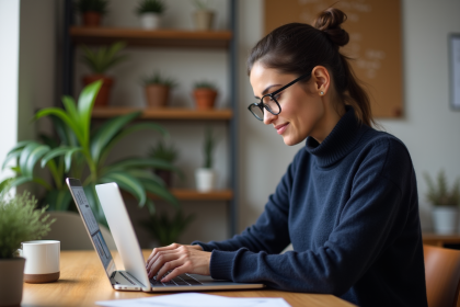 Jeune femme au bureau analysant Facebook sur son ordinateur