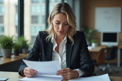 Femme d'âge moyen au bureau en pleine réflexion